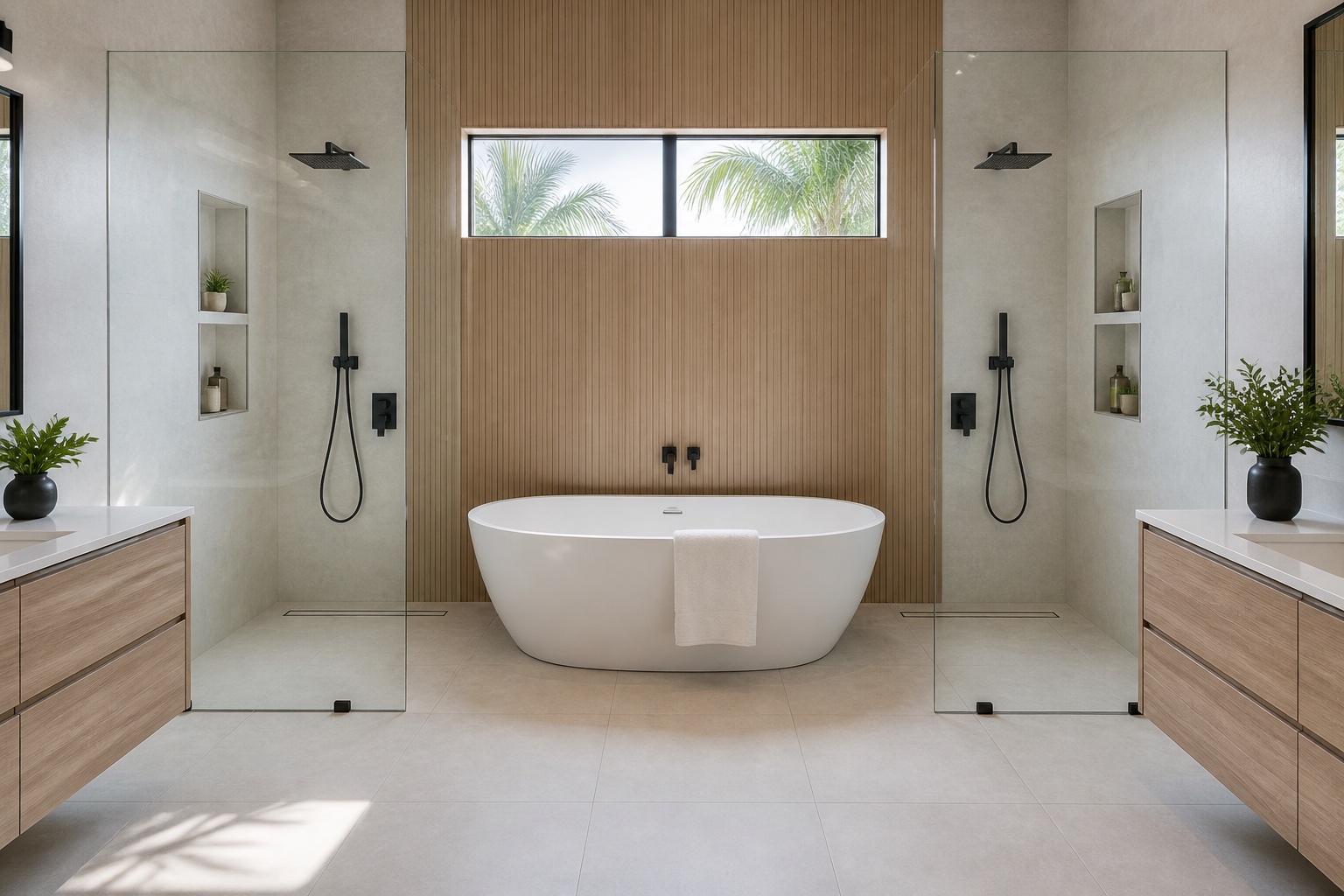 Symmetrical luxury bathroom with freestanding tub