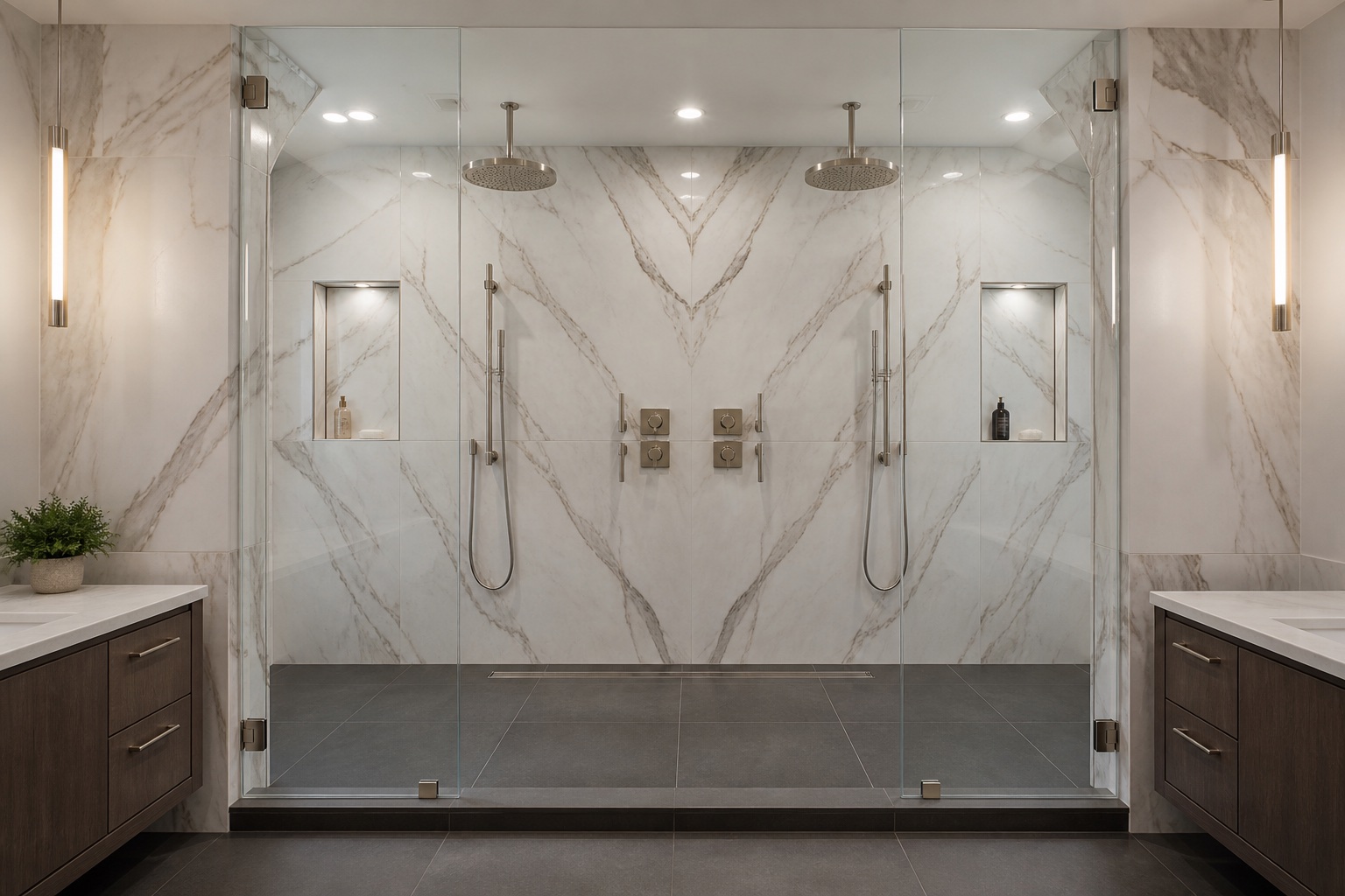 Bookmatched stone double shower renovation