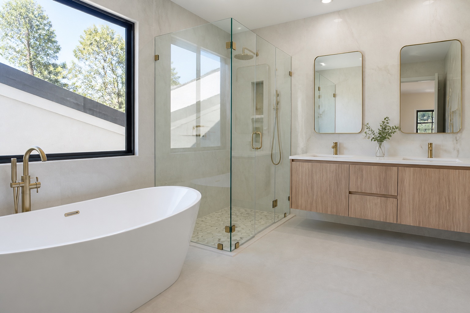 Luxury bathroom with freestanding tub and glass shower