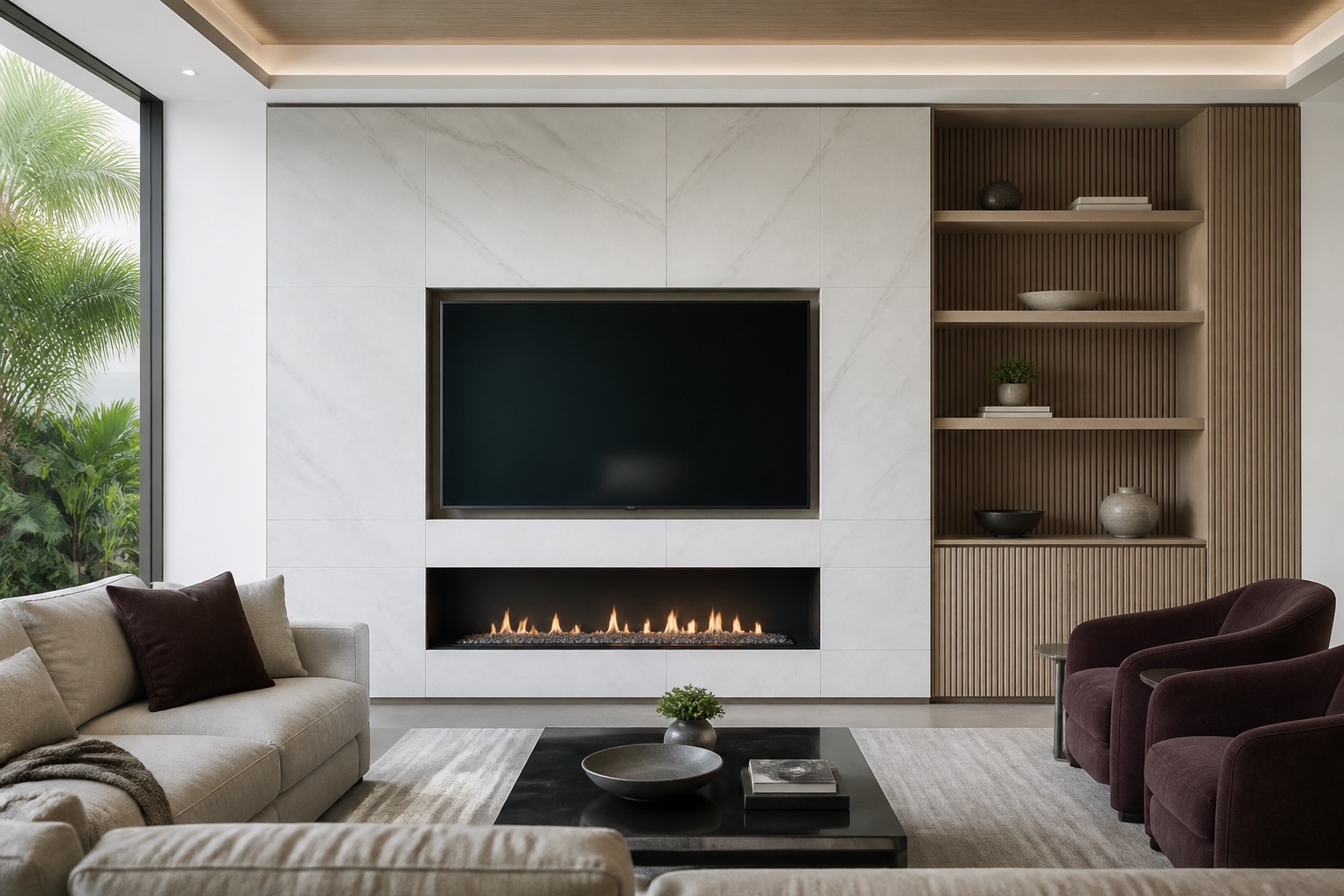 Bookmatched stone media wall and fireplace design