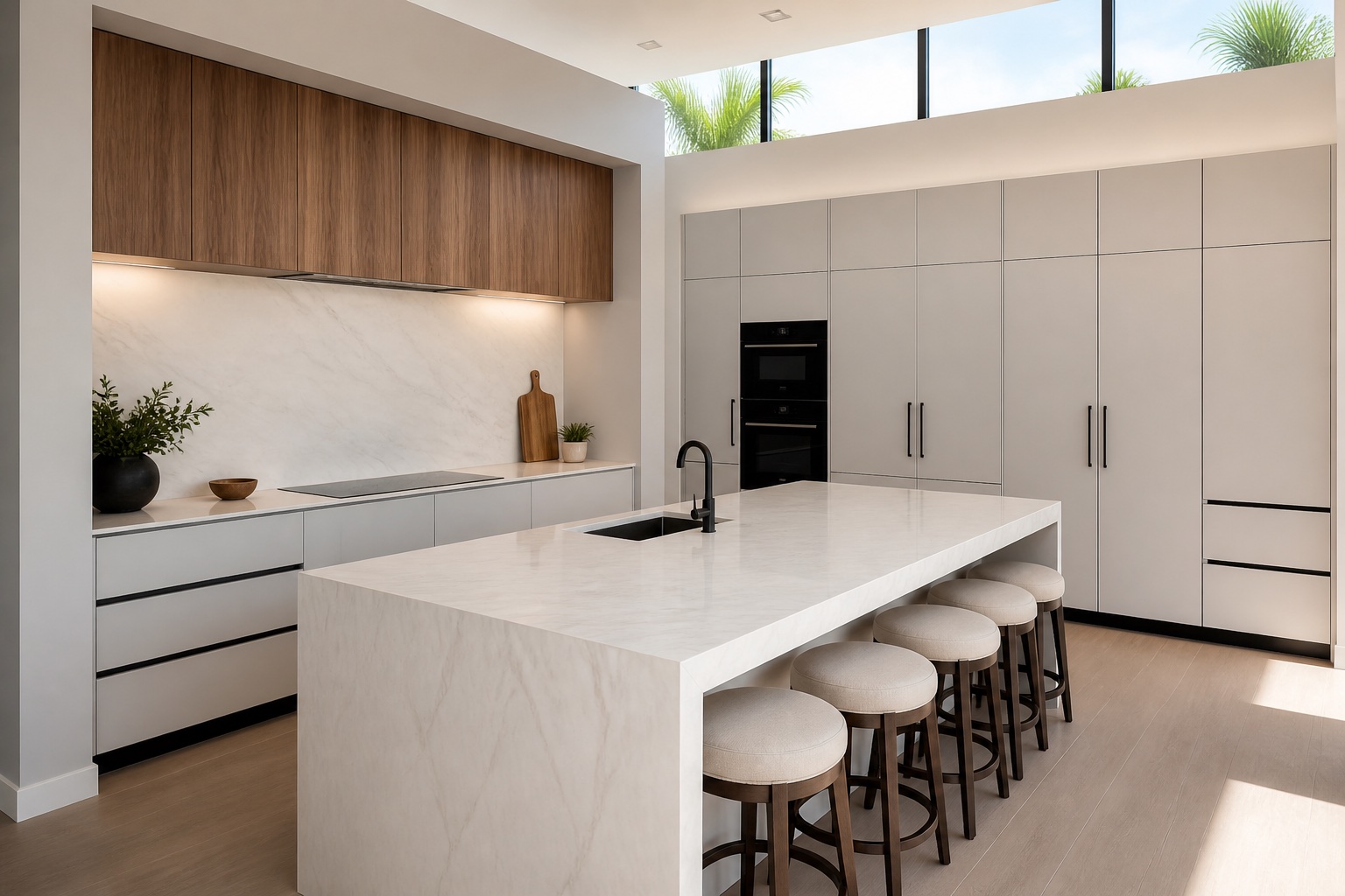 Contemporary luxury kitchen with waterfall island