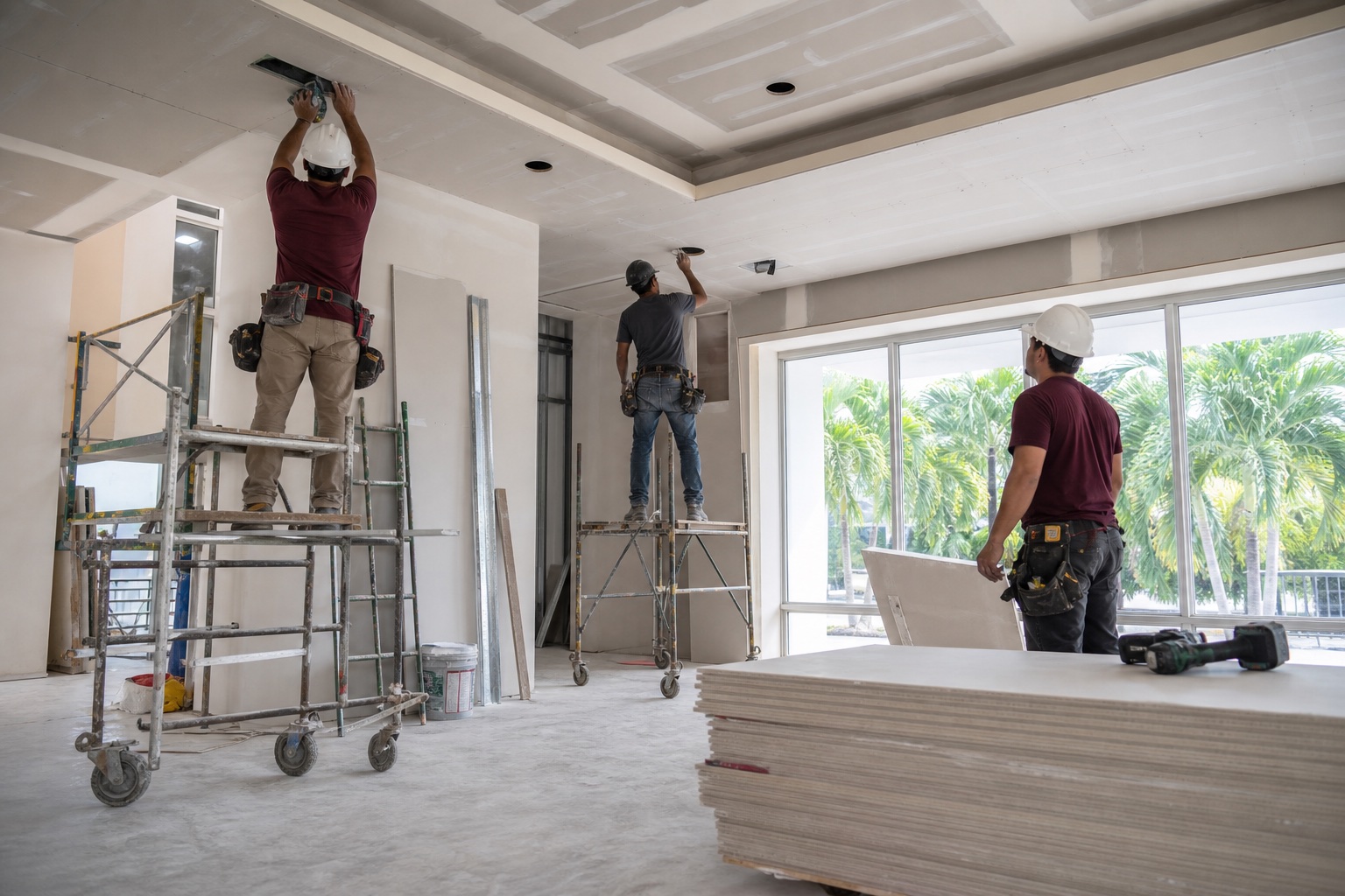 Residential remodeling crew installing ceiling finishes