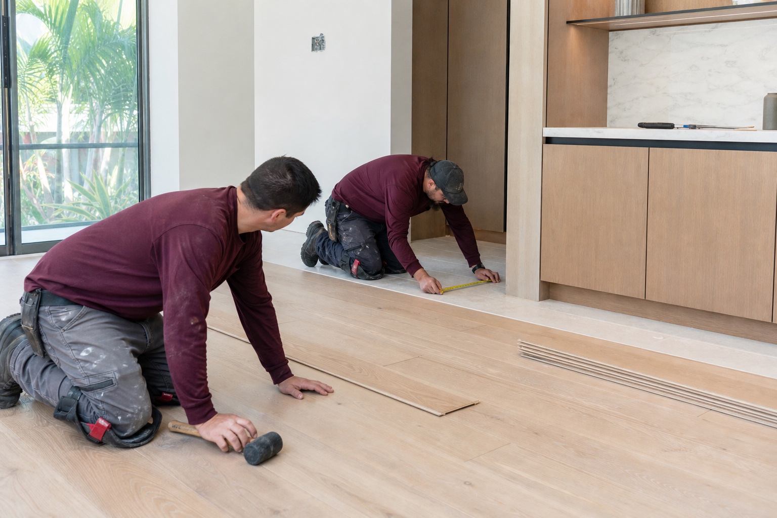 Construction crew installing wide-plank flooring