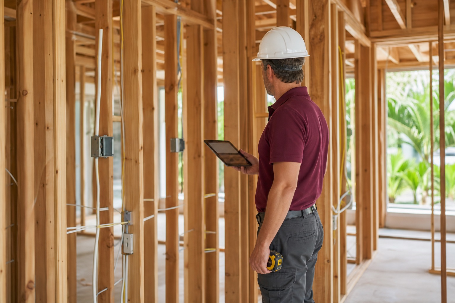 Site supervisor inspecting residential framing