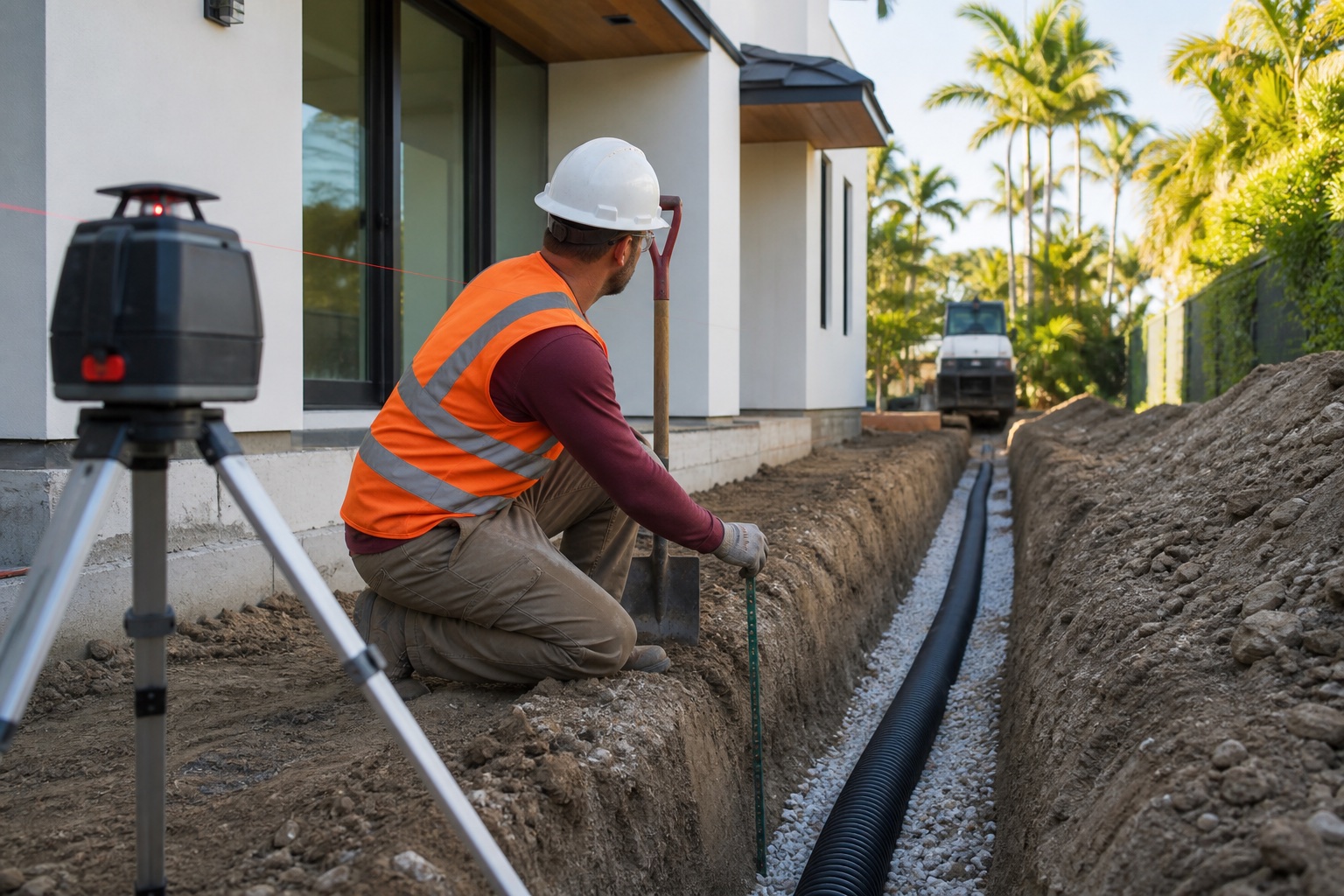 Construction professional checking foundation drainage grade